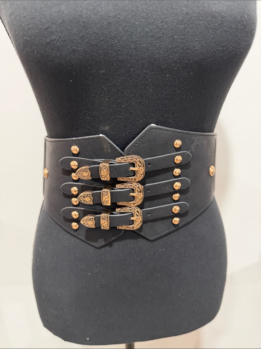 Amazon Black Wide Corset Belt with Triple Gold Buckles